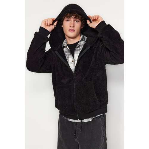 Trendyol Black Men's Regular/Regular fit Hoodie. Full Zippered Pocket Fleece/Plush Thick Sweatshirt-cardigan. Slike