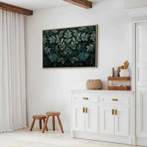  Slika - Dark Green Victorian Leaves: Botanical Carved Composition 120x80 U prirodnom drvenom okviru Slike