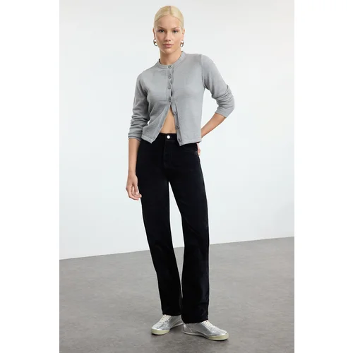 Trendyol Black Suede Look High Waist Straight Jeans