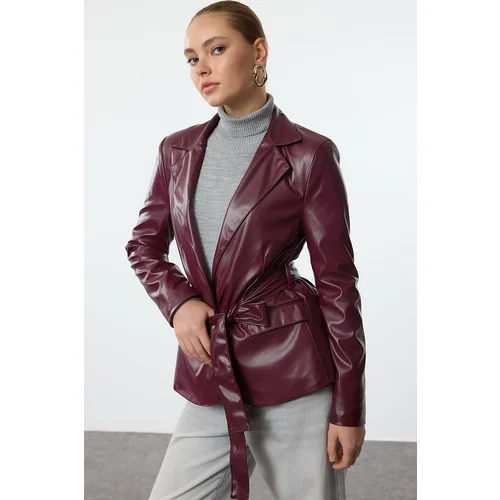 Trendyol Claret Red Faux Leather Belted Blazer Jacket