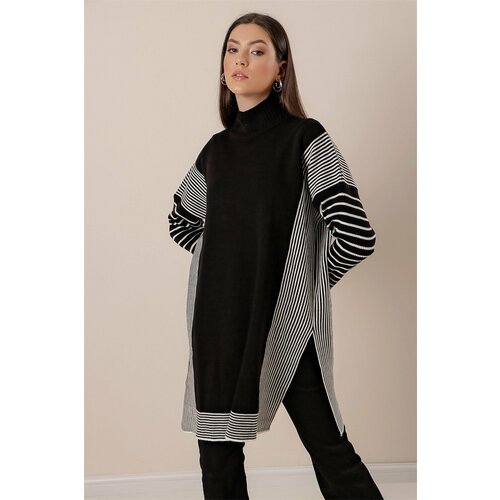 By Saygı Turtleneck Striped Acrylic Dress with slits in the sides Black and white Slike