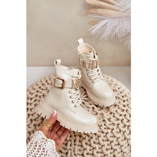 FR1 Girls Patent Boots Insulated With Decorative Strap Beige Gilian Cene