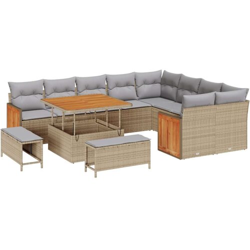  12-dijelni Vrtni Sofa Set S Jastucima Bež Poli Ratan Akacija 3-dijelni Vrtni Trpezarijski Set S Jastucima Bež Poli Ratan Akacij Slike