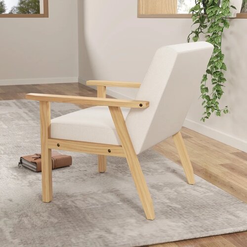  Tapecirana fotelja s naslonima za ruke blagovaonska stolica u izgledu lana okvir od punog drva 64 x 70 x 72 cm krem Slike