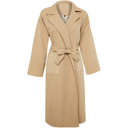 Trendyol Beige Oversize Wide-Cut Long Trench Coat with Pockets