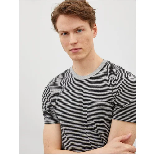 Koton Men's Gray Striped Short Sleeved Cotton T-Shirt with Pocket