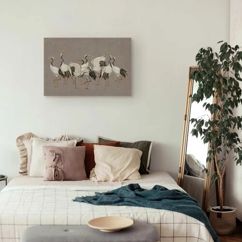  Slika - Crane dance &amp;ndash; bright silhouettes of birds against a warm grey background with texture 90x60 Akustična Slike