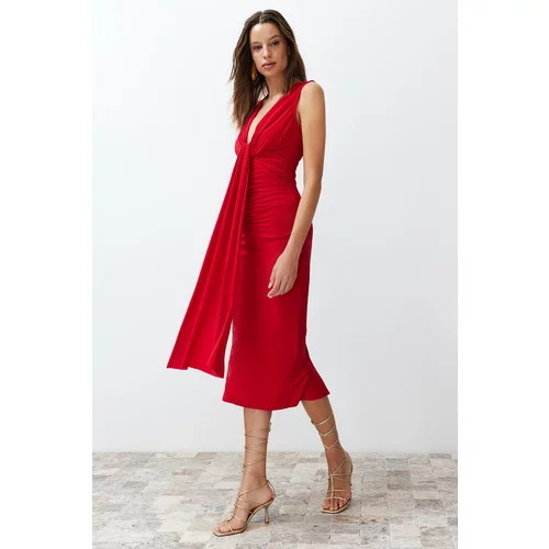 Trendyol Red Fitted Draped Knitted Elegant Evening Dress