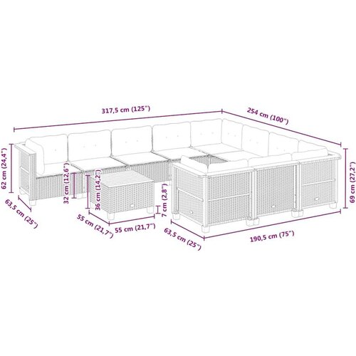 VidaXL 11-dijelni set vrtnih sofa od poliratana s jastucima bež Slike