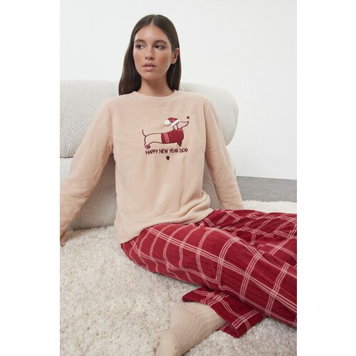 Trendyol Salmon Plaid Christmas Themed Polar Fleece Knitted Pajamas Set Cene