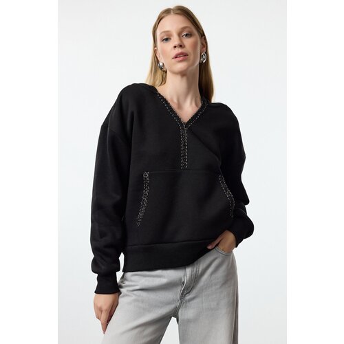 Trendyol Black Black Accessory Detailed Hooded Relaxed/Comfortable Fit Knitted Sweatshirt Slike