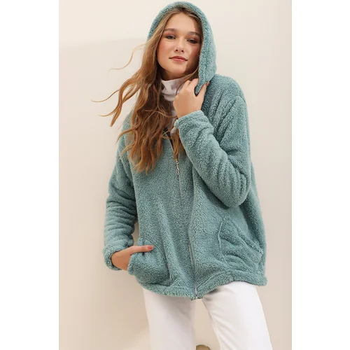 Trend Alaçatı Stili Women's Mint Hooded Zippered Front Double Pocket Oversized Plush Sweatshirt