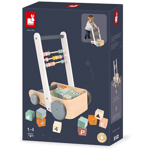 Janod drvena kolica za učenje hodanja i vježbanje motorike s kockama sweet cocoon Slike