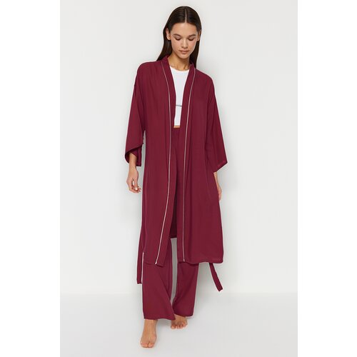 Trendyol Damson 2-Piece Viscose Tie Dressing Gown-Pajama Bottom Woven Pajamas Set Slike