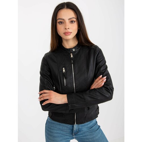 Fashion Hunters Women's motorcycle jacket in black artificial leather Slike