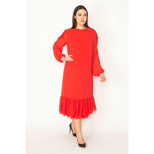 Şans Women's Plus Size Red Off the Shoulder Decollete Hem Flounce Lined Chiffon Long Dress Slike