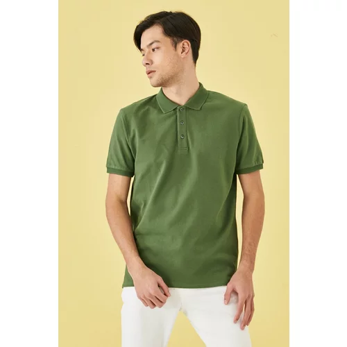 ALTINYILDIZ CLASSICS Men's Khaki 100% Cotton Anti-roll Collar Slim Fit Slim Fit Polo Neck Short Sleeved T-Shirt.