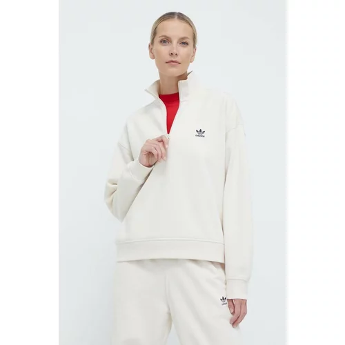 Adidas Pulover Essentials Halfzip Sweatshirt ženski, bež barva, IR5940