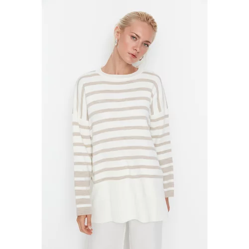 Trendyol Ecru Striped Slit Detailed Knitwear Sweater