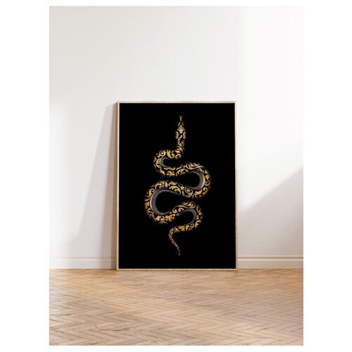 Wallxpert uramljena slika 115263, zlatna zmija, minimalistički motiv na crnoj pozadini, 50 x 70 cm, ram u boji prirodnog drveta Cene
