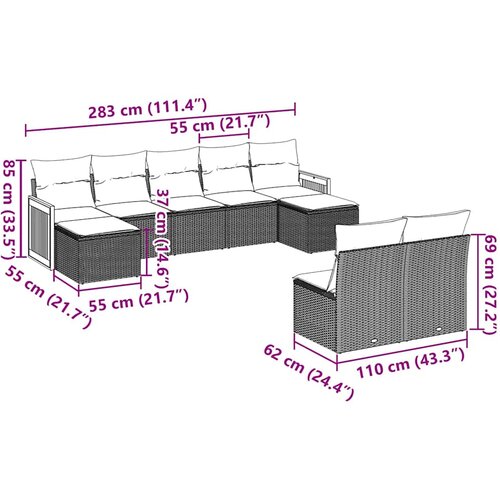  9-dijelni set vrtnih sofa s jastucima crni od poliratana Slike