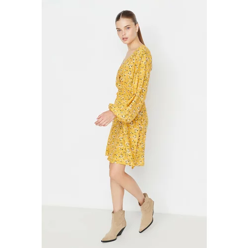 Trendyol Mustard Patterned Double Breasted Collar Dress