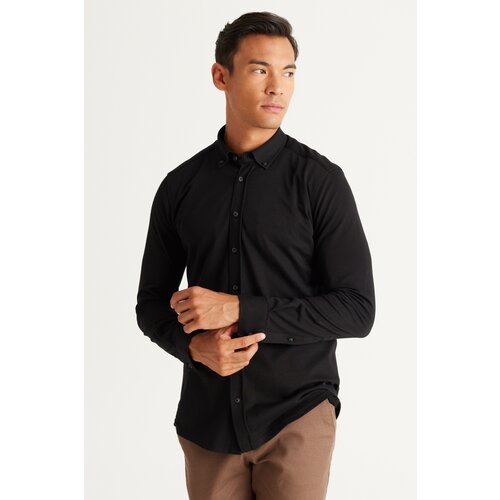 ALTINYILDIZ CLASSICS Men's Black Slim Fit Narrow Cut Button Collar Pique Knitted Shirt Cene