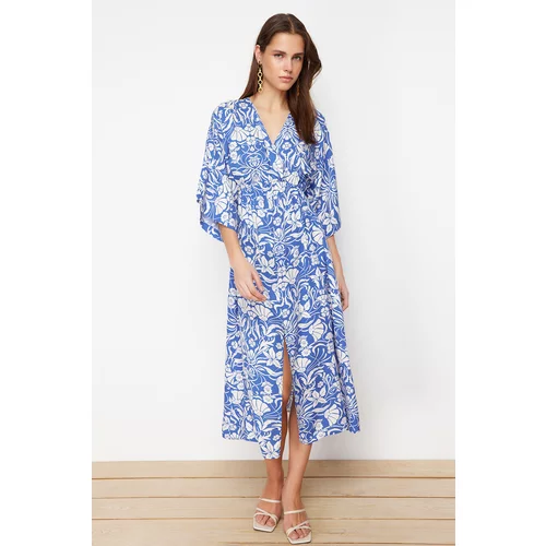 Trendyol Saks Floral Print A-line Double-breasted Collar Midi Woven Dress