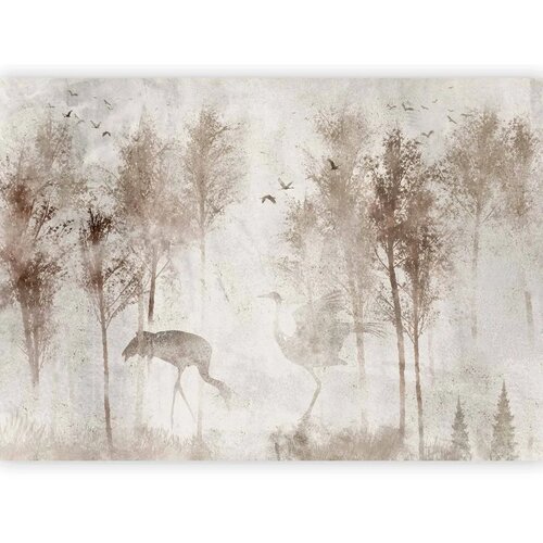  Foto tapeta - Among the trees - landscape in grey tones in fog in a clearing with birds 392x280 Samoljepljiva Cene