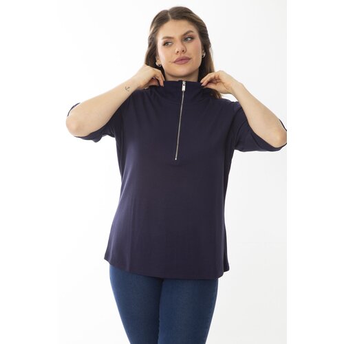 Şans Women's Plus Size Navy Blue Paw Zipper Short Sleeve Sweatshirt Slike