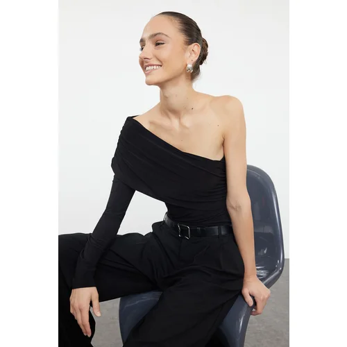 Trendyol Black Single Sleeve Drape Detailed Asymmetrical Fitted Regular/Normal Flexible Knitted Blouse