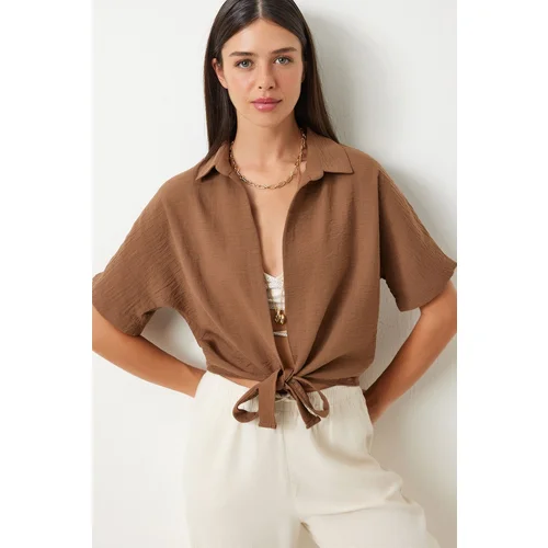  Women's Brown Tie Detailed Linen Blouse