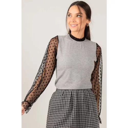armonika Women's Grey-Black Sleeves And Collar Tulle Corduroy Knitwear Sweater