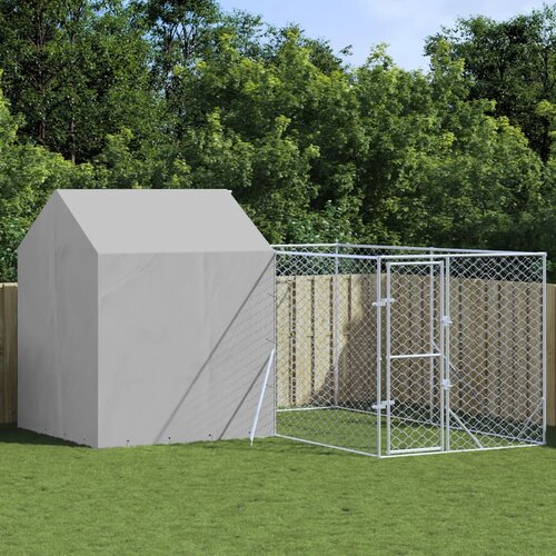 vidaXL Zunanja pasja ograda s streho srebrna 4x4x2,5 m pocinkano jeklo - - Srebrna - 53.15 - 4 x 4 x 2.5 m - 2025- Cene