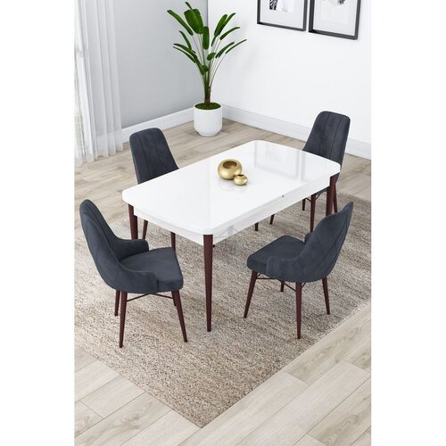 Hanah home trpezarijski set Lia, sto na razvlačenje i 4 stolice, bela ploča, noge boje oraha, antracit tkanina Babyface Cene