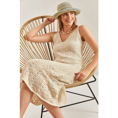 Bianco Lucci women's strappy openwork summer knitwear dress Slike