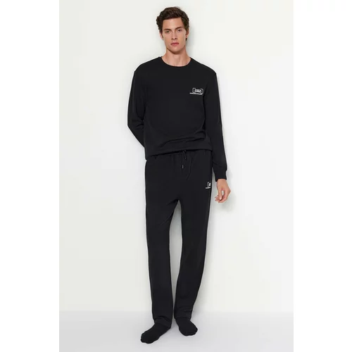 Trendyol Black Men's Regular/Normal fit Minimal Ripening Letter Printed Thick Sweatpants with a Soft Pile inside.