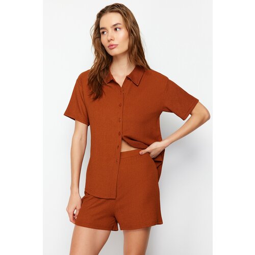 Trendyol Tile Gooseberry/Textured Shirt and Shorts Knitted Two Piece Set Slike