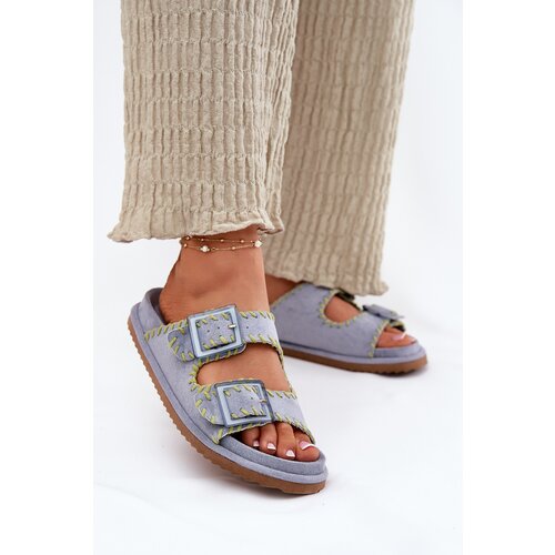 Boto Ladies Slippers With Buckles And Decorative Edging Blue Visley Cene
