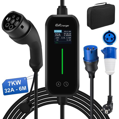 JUNSUN Tip 2 EV električni avtomobilski polnilni kabel – enofazni 7 kW, nastavljiv tok, LCD zaslon, prenosni polnilnik 6 m z vtičem Schuko 6-32A IP67, (22148590) Cene
