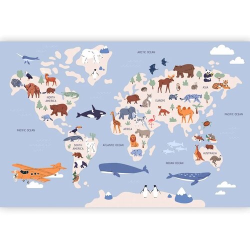  Foto tapeta - World Map With Animal Illustrations 196x140 Samoljepljiva Slike