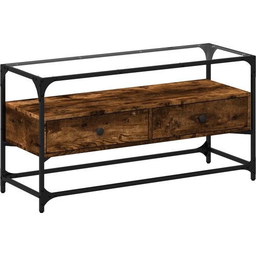 Maison Chic TV omarica - TV stojalo - Televizijska omarica s stekleno plo&amp;scaron;čo dimljen hrast 98x35x51 cm inž. les, (21699599) Slike