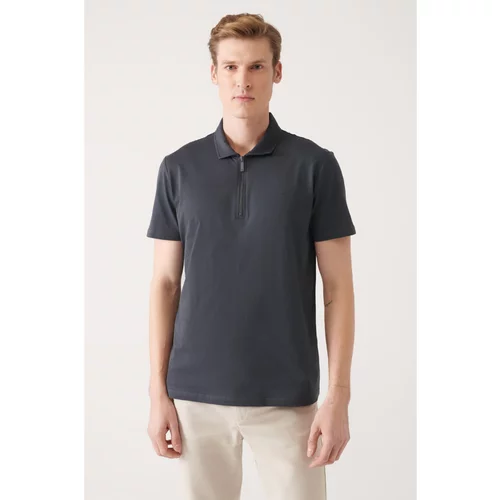 Avva Men's Anthracite 100% Cotton Zippered Standard Fit Normal Cut Polo Neck T-shirt