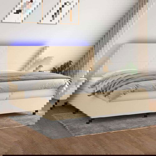  Box spring postelja z vzmetnico LED krem 200x200 cm blago, (20851618) Slike