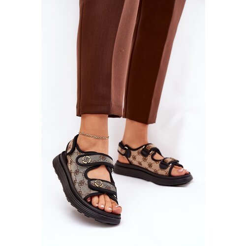 Boto Ladies Patterned Fabric Sandals With Golden Details Beige-Black Pefese Cene