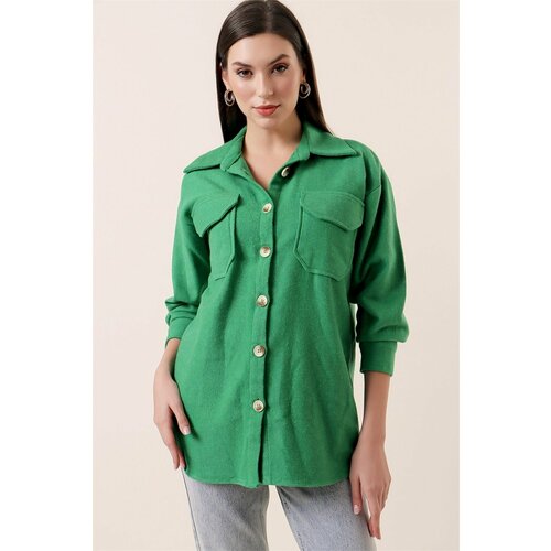 By Saygı Double Pocket Plain Stamped Shirt Green Slike