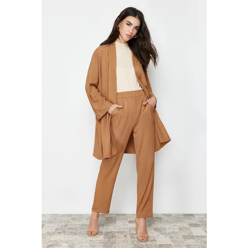 Trendyol Beige Crepe Knitted Kimono Trousers Two Piece Set