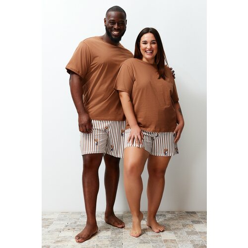 Trendyol Brown Regular Fit Teddy Bear Printed Couple Knitted Plus Size Pajamas Set Slike
