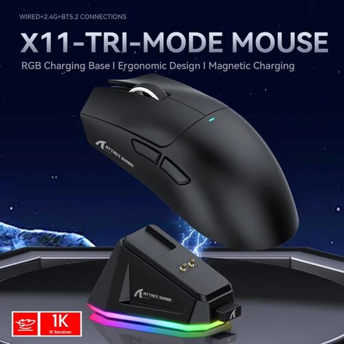 Attack Shark bežični gaming mi&amp;scaron; X11 PAW3311/22000 dpi/trimode/black + charging dock Slike