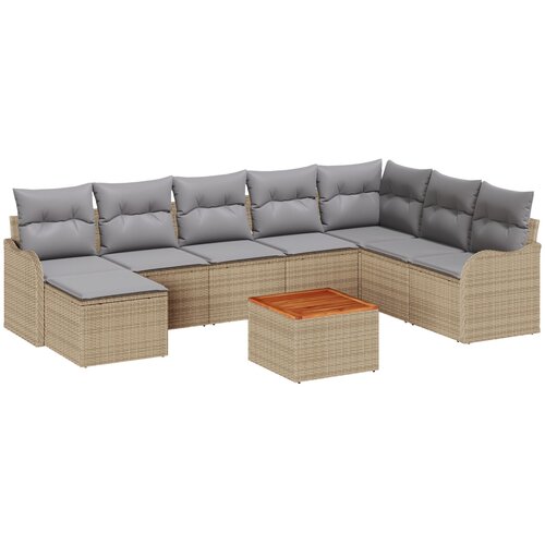 VidaXL 9-dijelni vrtni sofa set s jastučićima bež poli ratan akacija, sofa za 2 osobe s odlaganjem i jastučićima bež poli ratan Slike